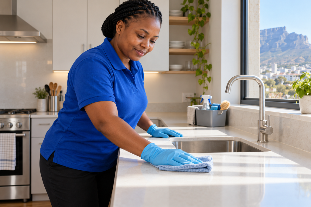 Professional cleaner wiping a spotless kitchen counter